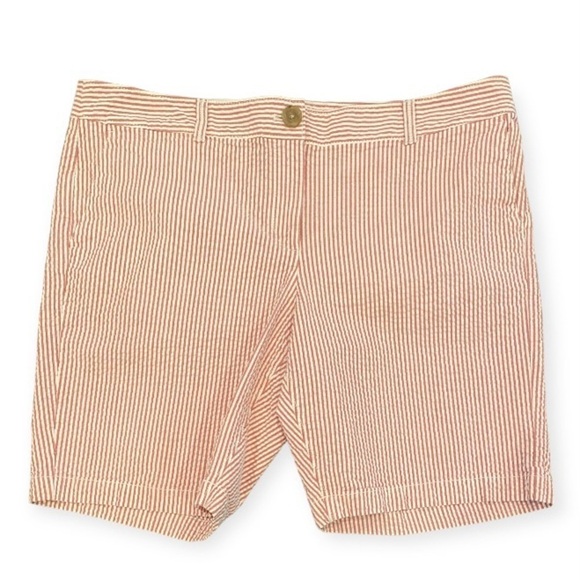 Ann Taylor 14 Loft Seersucker Pink White Stripe Mid Rise Shorts Stretchy 8.5” - Picture 1 of 7
